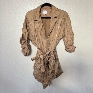 Cinq a Sept Tan Ruched Sleeve Belted Button Down Trench Coat Medium